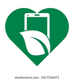 Nature phone heart shape concept vector logo template. mobile phone with leaf sign logo design.