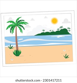 Nature photo frames with ocean view picture, windsurfing on horizon, 3D illustration
