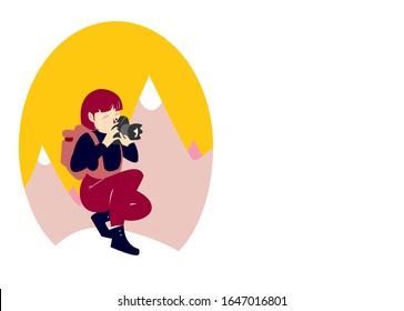 Nature photographer with backpack, takes photographs in a mountain park with her camera. Flat cartoon female character Illustration. Vector drawing isolated on white background with text copy space