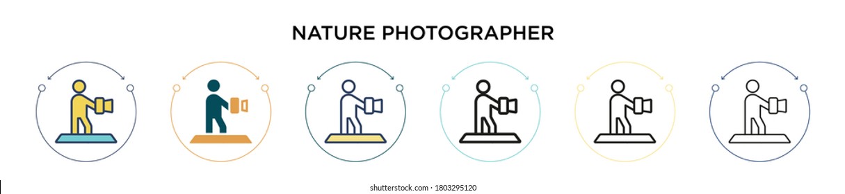Nature photographer icon in filled, thin line, outline and stroke style. Vector illustration of two colored and black nature photographer vector icons designs can be used for mobile, ui, web