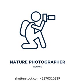 Naturfotograf-Symbol aus der Menschensammlung. Dünner linearer Naturfotograf, Studioaufnahme, einfaches Rahmensymbol einzeln auf weißem Hintergrund. Kennzeichen des Vektorgrafikfotografen, Symbol für Web und 