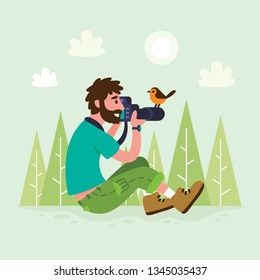 Nature photographer with little bird. Vector illustration.