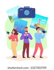 Naturfotografen mit Kameras und Fotos Vektorgrafik. Cartoon Zeichnung lächelnder Männer und Frauen, die Fotos, Erinnerungen an Reisen oder Reisen. Fototag, Hobby, Reisekonzept