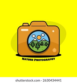 Nature Photography Day to celebrate on June 15th. Illustration of a digital camera with its lens shooting a view from the mountains.
