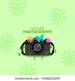 Nature Photography Day event banner. A digital camera with elements of flowers, leaves, grass and butterfly on light green background to celebrate on June 15th