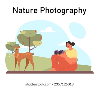 Nature photography. Female character with camera taking pictures of a deer. Artistic occupation and photography hobby. Daily life leisure. Flat vector illustration