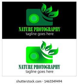 Nature photography logo design. Camera leaves logo design element with green color. Lens photographer logo icon vector template.