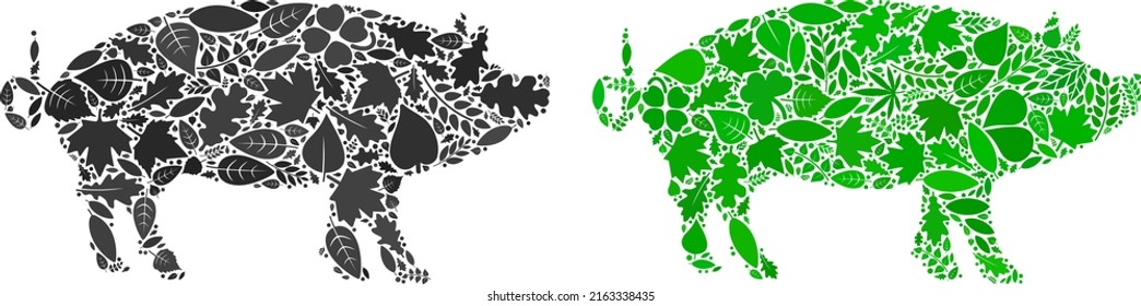 Nature pig icon composition of herbal leaves in green and natural color tints. Ecological environment vector concept for pig icon. Pig vector image is formed of green herbal items.