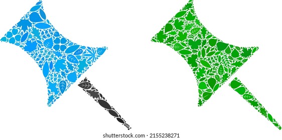 Nature pin icon composition of floral leaves in green and natural color hues. Ecological environment vector template for pin icon. Pin vector image is shaped with green floral elements.