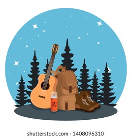 nature pines trees with backpack and guitar
