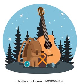 nature pines trees landscape with backpack and guitar