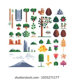 Nature pixel art 80s style icons set mountain tree leaf flower spruce bamboo lotus isolated vector illustration. Game assets. Element design for stickers, embroidery, mobile app. 8-bit sprite.