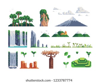 Nature pixel art 80s style icons set mountain tree waterfall  landscape isolated vector illustration. Game assets. Element design for logo, stickers, embroidery, mobile app. 8-bit sprite.
