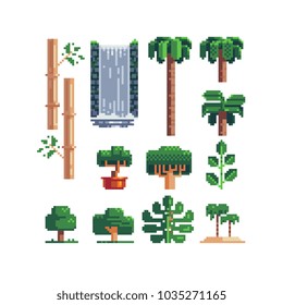 Nature Pixel Art Icons Set Waterfall Bamboo Palm Trees And Leaves Isolated Vector Illustration. Game Assets. Element Design For Stickers, Embroidery, Mobile App. 8-bit Sprite.