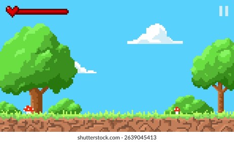 Nature pixel background with trees, grass, ground, sky with clouds and red indicator with heart. Arcade 8-bit landscape. Retro video game wallpaper. Graphic interface. Vector illustration.