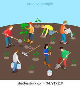 Nature planet ecology care flat 3d isometry isometric concept web vector illustration. Young people plant tree seedling watering sprout. Creative people collection.