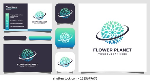 nature planet with line art style logo and business card design.