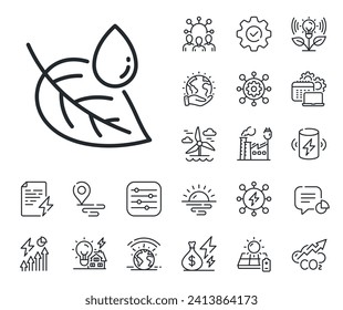 Nature plant dew sign. Energy, Co2 exhaust and solar panel outline icons. Leaf with water drop line icon. Environmental care symbol. Leaf dew line sign. Eco electric or wind power icon. Vector