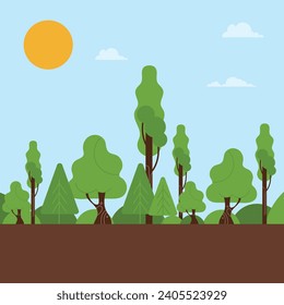 Nature plant landscape. Minimal flat nature design, color cartoon background, forest plants.