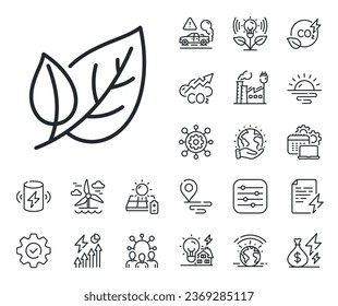 Nature plant leaf sign. Energy, Co2 exhaust and solar panel outline icons. Leaves line icon. Environmental care symbol. Leaf line sign. Eco electric or wind power icon. Green planet. Vector