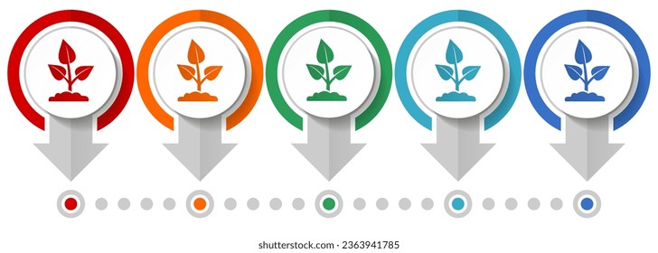 Nature plant, organic, ecology vector icon set, flat design infographic template, set pointer concept icons in 5 color options for webdesign and mobile applications