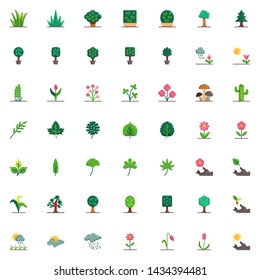 Nature plants elements collection, Leaves flat icons set, Colorful symbols pack contains - potted flowers, exotic tropical tree leaves, grass, bush, shrub. Vector illustration. Flat style design