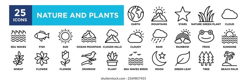 Nature and Plants icon collection set. Containing design Earth, Stars, Cloud, ,Mountains, Nature Green Plant