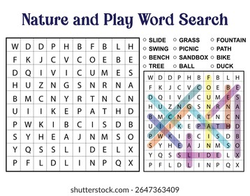 Nature and Play Word Search puzzle featuring outdoor related words. One puzzle is solved, the other is blank.