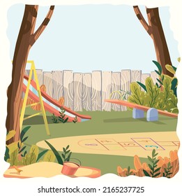Nature. Playground in the park. Cartoon vector illustration. Landscape without people. Background image. Lifestyle. 