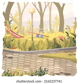 Nature. Playground in the park. Cartoon vector illustration. Landscape without people. Background image. Lifestyle. 