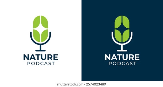 Nature podcast icon logo vector. Farmer agriculture education channel logo. Podcast microphone and green leaf icon logo design illustration template.