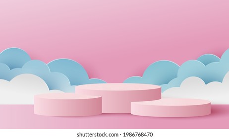 Nature with podium platform on pink background. Paper cut and craft style illustration