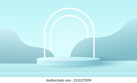 Nature with podium platform to show product on blue background. Empty shelf for your product placement. Vector illustration