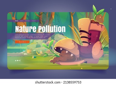Nature pollution cartoon landing page. Green sprout growing in old broken boot at forest with piles of garbage and polluted pond. Save Earth planet, waste contamination, vector concept, web banner