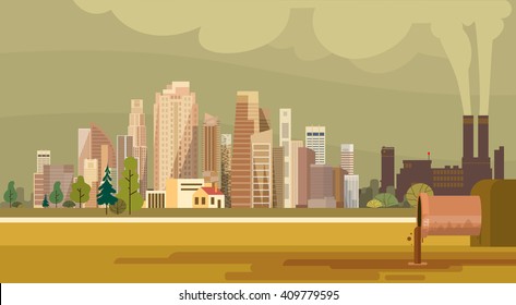 Nature Pollution City Plant Pipe Dirty Waste Water Polluted Environment Flat Vector Illustration