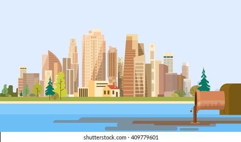 Nature Pollution City Plant Pipe Dirty Waste Water Polluted Environment Flat Vector Illustration