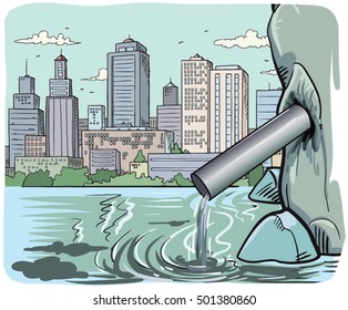 Nature Pollution City Plant Pipe Dirty Waste Water Polluted Environment Flat Vector Illustration