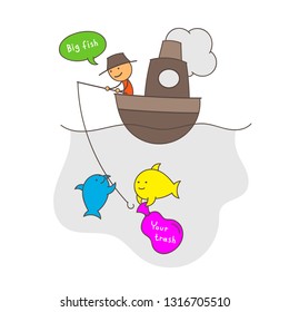 nature pollution, fisherman, big fish, your trash, ecological illustration