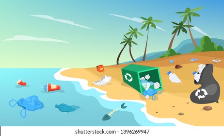 Nature pollution. Garbage and trash on the beach, danger for ecology. Sea waste. Bags and bottles, plastic rubbish. Vector illustration in cartoon style