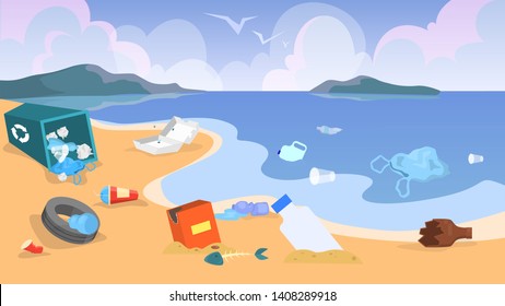 Nature pollution. Garbage and trash on the beach, danger for ecology. Sea waste. Bags and bottles, plastic rubbish. Vector illustration in cartoon style