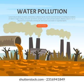 Nature pollution landing page. Contamination of environmental by toxic effluents, water waste and disposals webpage cartoon vector