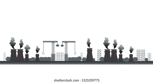 Nature Pollution Plant Pipe Dirty Waste Air And Water Polluted Environment Flat Vector Illustration, The smoke that come out of chimney fire in an industrail estate.