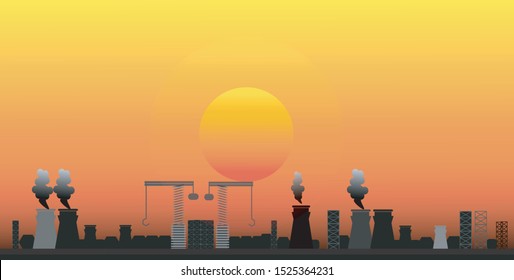 Nature Pollution Plant Pipe Dirty Waste Air And Water Polluted Environment Flat Vector Illustration, The smoke that come out of chimney fire in an industrail estate.