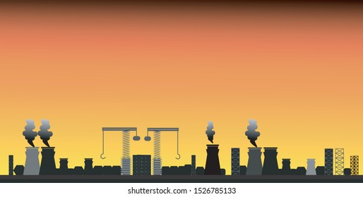 Nature Pollution Plant Pipe Dirty Waste Air And Water Polluted Environment Flat Vector Illustration, The smoke that come out of chimney fire in an industrail estate.