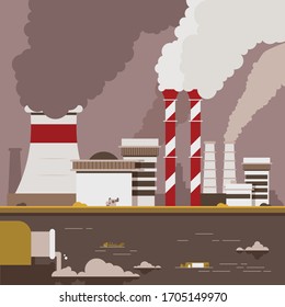 Nature Pollution Plant Pipe Dirty Waste Air And Water Polluted Environment Flat Vector Illustration