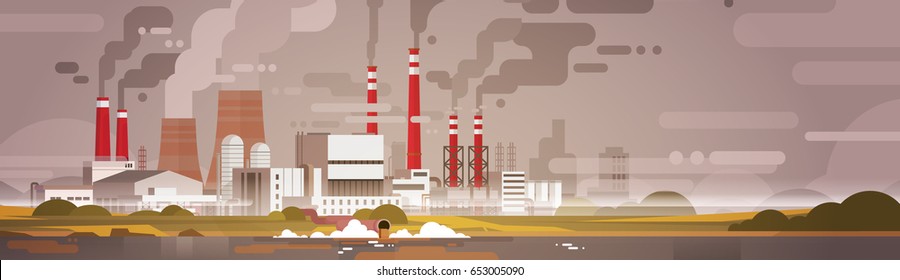 Nature Pollution Plant Pipe Dirty Waste Air And Water Polluted Environment Flat Vector Illustration