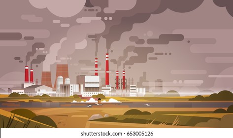 Nature Pollution Plant Pipe Dirty Waste Air And Water Polluted Environment Flat Vector Illustration