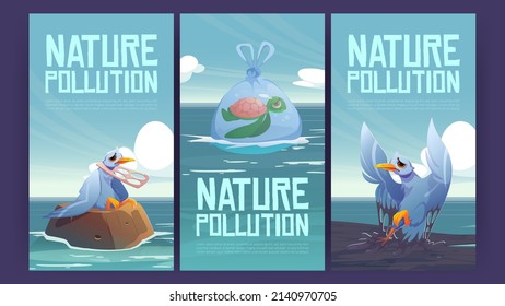 Nature pollution posters with plastic garbage, waste, and oil spill in sea. Vector banners of environment disaster with cartoon polluted ocean with petroleum slick, turtle in bag underwater