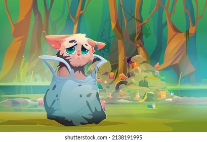 Nature pollution, save Earth planet environmental concept. Dirty sad cat stained with oil sitting in plastic bag at contaminated forest pond with piles of garbage around, Cartoon vector illustration