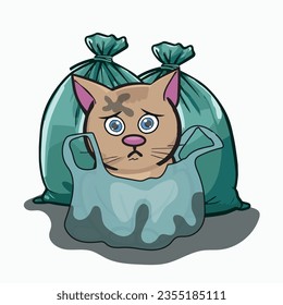 Nature pollution, save Earth planet environmental concept. Dirty sad cat stained with oil sitting in plastic bag, Cartoon vector illustration.